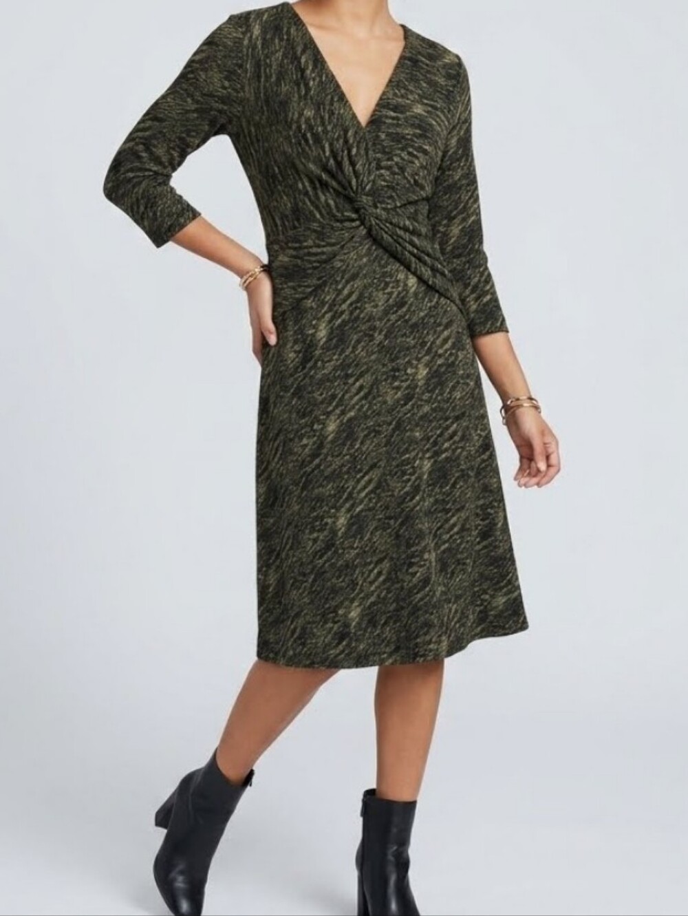 Connected Apparel Abstract Camo Low V-Cut Neck Career Dress